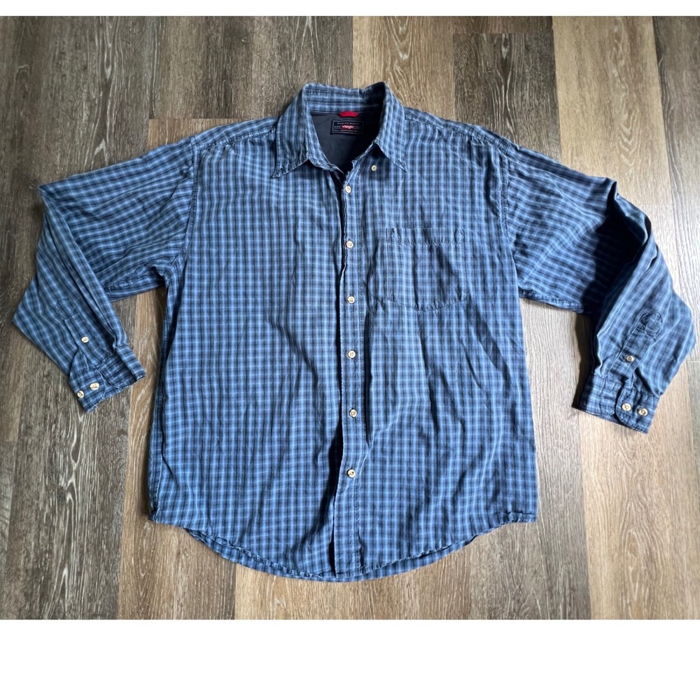 Wrangler Button Down Shirt Mens Large Blue Plaid Long Sleeve Cotton Casual 3903